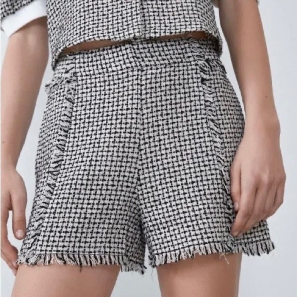 Zara Black/White Woven High Waist Fringed‎ Shorts Sz S